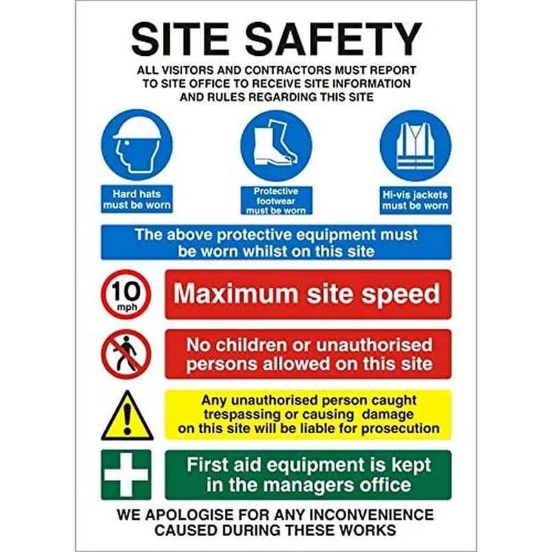 Seco Site Safety, All Visitors and Contractors Must Report to Site Office Sign, 600mm x 800mm - 4mm Fluted Board