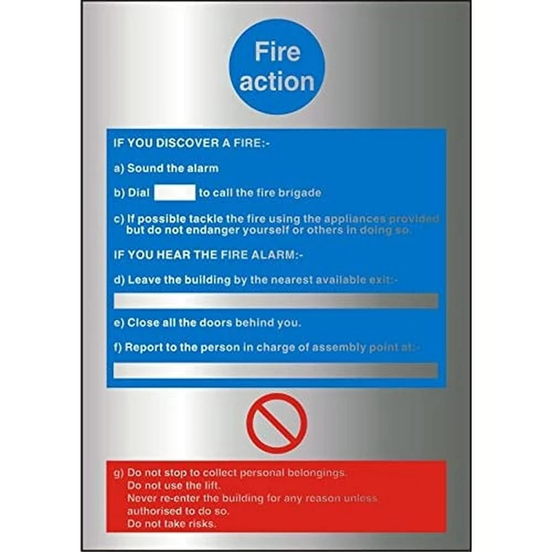 Seco Fire Action with No Entry Symbol Sign, 210mm x 300mm - 1.5mm Brushed Aluminium Composite