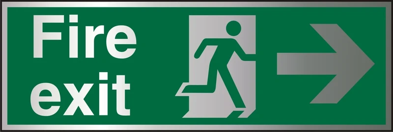 Seco Fire Exit - Fire Exit, Man Running Right, Arrow Pointing Right Sign, 450mm x 150mm - 1.5mm Brushed Aluminium Composite