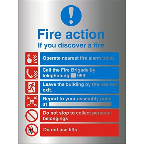 Seco Fire Action - If You Discover A Fire with Do Not Use Lifts Warning Sign, 210mm x 300mm - 1.5mm Brushed Aluminium Composite