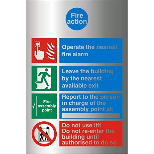 Seco Fire Action with Do Not Use Lift Sign, 210mm x 300mm - 1.5mm Brushed Aluminium Composite