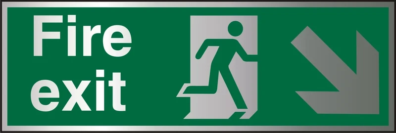 Seco Fire Exit - Fire Exit, Man Running Right, Arrow Pointing Down & Right Sign, 450mm x 150mm - 1.5mm Brushed Aluminium Composite