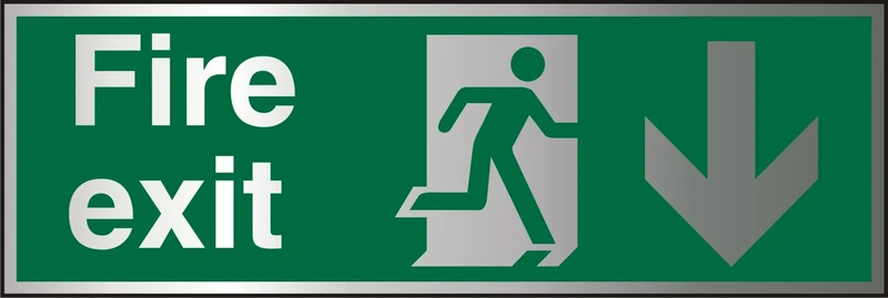 Seco Fire Exit - Fire Exit, Man Running Right, Arrow Pointing Down Sign, 450mm x 150mm - 1.5mm Brushed Aluminium Composite