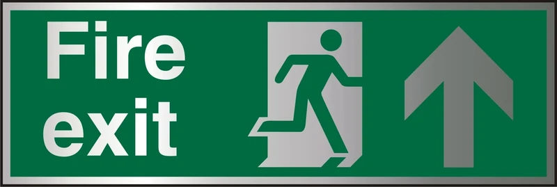 Seco Fire Exit - Fire Exit, Man Running Right, Arrow Pointing Up Sign, 450mm x 150mm - 1.5mm Brushed Aluminium Composite