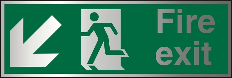 Seco Fire Exit - Arrow Pointing Down & Left, Man Running Left, Fire Exit Sign, 450mm x 150mm - 1.5mm Brushed Aluminium Composite