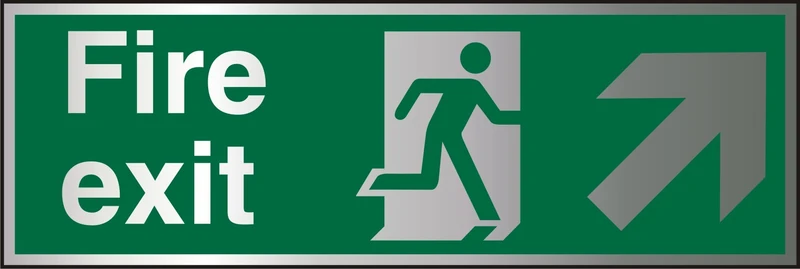 Seco Fire Exit - Fire Exit, Man Running Right, Arrow Pointing Up & Right Sign, 450mm x 150mm - 1.5mm Brushed Aluminium Composite