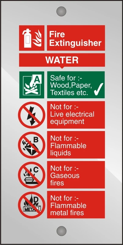 Seco Water Fire Extinguisher Sign, 100mm x 200mm - 5mm Clear Acrylic with Stand Off Fixings