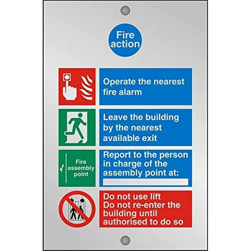 Seco Fire Action with Do Not Use Lift Sign, 150mm x 200mm - 5mm Clear Acrylic with Stand Off Fixings