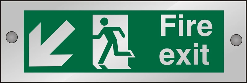 Seco Fire Exit - Arrow Pointing Down & Left, Man Running Left, Fire Exit Sign, 300mm x 100mm - 5mm Clear Acrylic with Stand Off Fixings