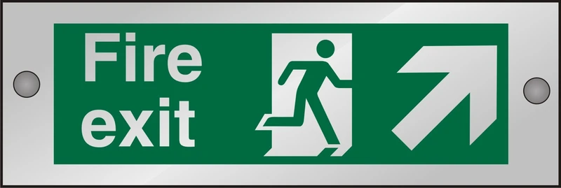 Seco Fire Exit - Fire Exit, Man Running Right, Arrow Pointing Up & Right Sign, 300mm x 100mm - 5mm Clear Acrylic with Stand Off Fixings