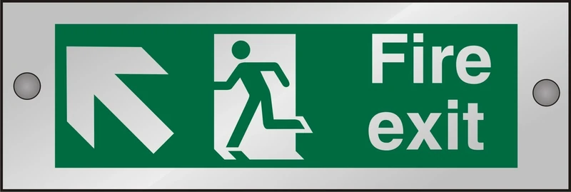 Seco Fire Exit - Arrow Pointing Up & Left, Man Running Left, Fire Exit Sign, 300mm x 100mm - 5mm Clear Acrylic with Stand Off Fixings