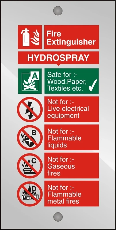 Seco Hydrospray Fire Extinguisher Sign, 100mm x 200mm - 5mm Clear Acrylic with Stand Off Fixings