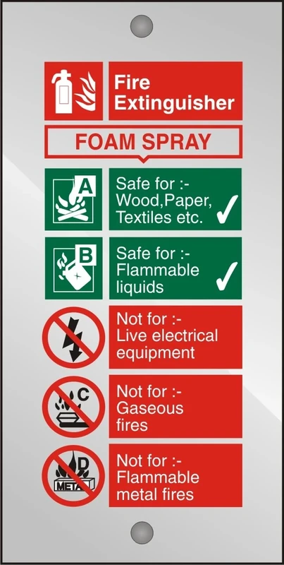 Seco Foam Spray Fire Extinguisher Sign, 100mm x 200mm - 5mm Clear Acrylic with Stand Off Fixings