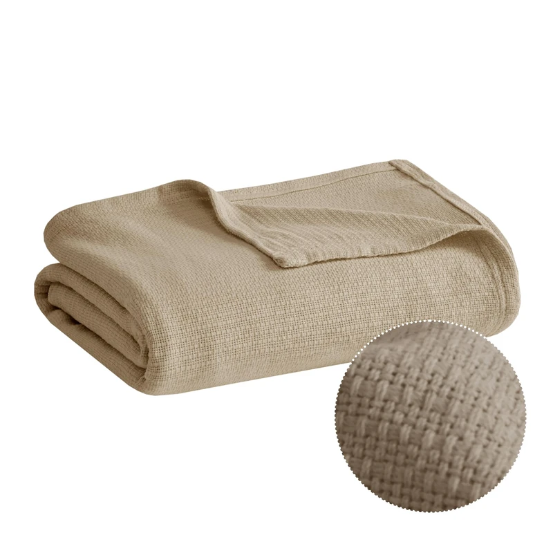 Madison Park Freshspun Basketweave Luxury Cotton Blanket Khaki 90x90 Full/Queen Size Basketweave Premium Soft Cozy 100% Cotton For Bed, Couch or Sofa - Image 1