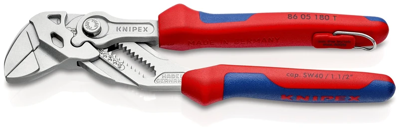 KNIPEX Pliers Wrench Pliers and a Wrench in a Single Tool in Blister Chrome-Plated with Multi-Component Grips, with Integrated Tether, 86 05 180 T BK