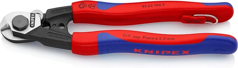 KNIPEX Wire Rope Cutter Forged with Multi-Component Grips, with Integrated Tether Attachment Point for a Tool Tether 190 mm, 95 62 190 T