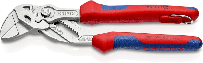 KNIPEX Pliers Wrench Pliers and a Wrench in a Single Tool Chrome-Plated with Multi-Component Grips, with Integrated Tether Attachment, 86 05 180 T