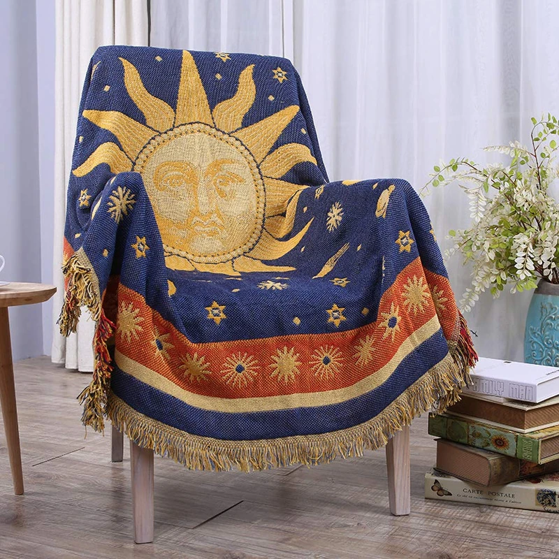 Erke 50" X 70" Double Sided Cotton Woven Couch Throw Blanket Featuring Decorative Tassels - Sun Moon Stars, Yellow/Blue