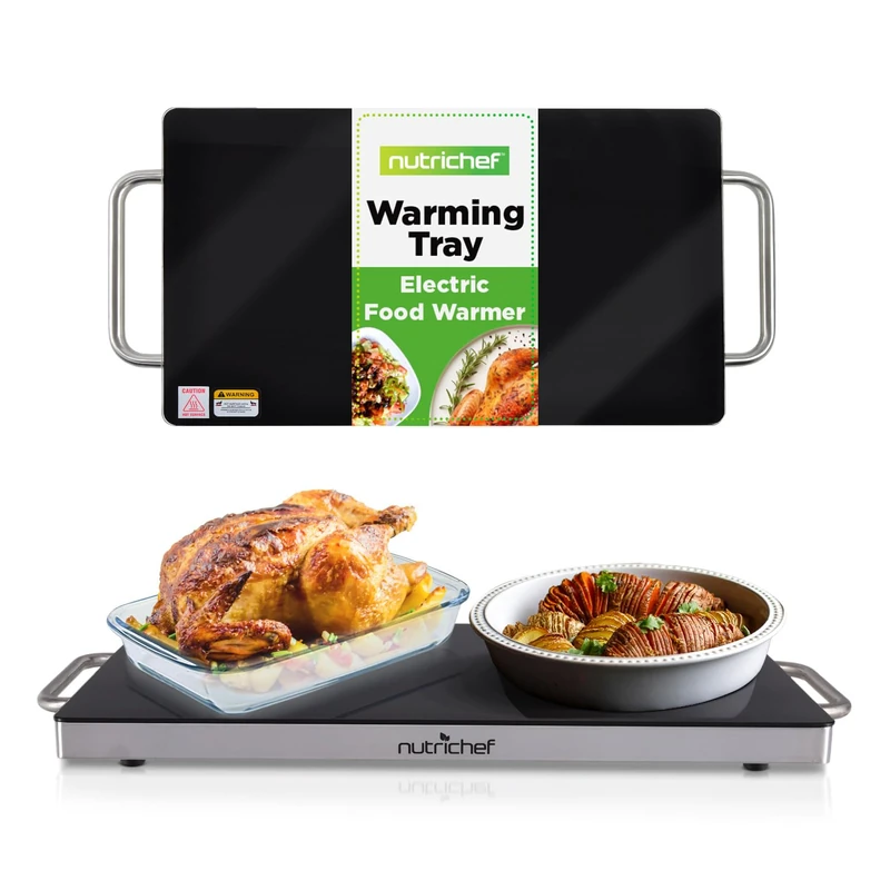 NutriChef Food Warmer Buffet Server – Electric Warming Tray Hot Plate for Parties & Catering, Glass Surface Keeps Food Warm, 50 cm Size with Stay-Cool Handles