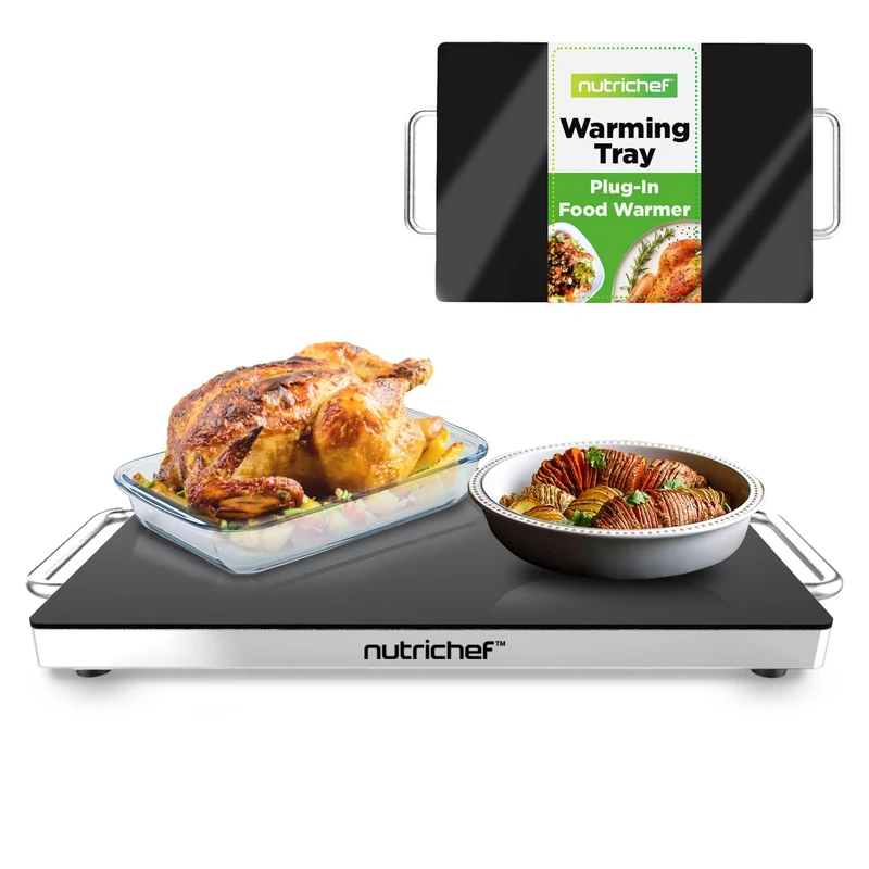 NutriChef Food Warmer Buffet Server – Electric Warming Tray Hot Plate for Parties & Catering, Glass Surface Keeps Food Warm, 42 cm Size with Stay-Cool Handles