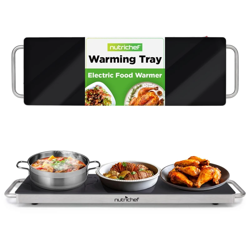 NutriChef Food Warmer Buffet Server – Electric Warming Tray Hot Plate for Parties & Catering, Glass Surface Keeps Food Warm, 57 cm Size with Stay-Cool Handles