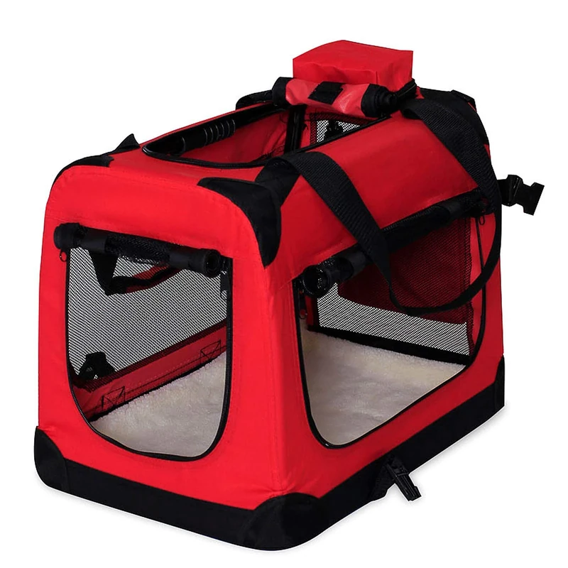 lionto Dog transport box foldable for travel & car, 82x58x58 cm, sturdy transport box with carrying handles & blanket for cats & dogs up to 18 kg, sturdy fabric dog box for small & large, red