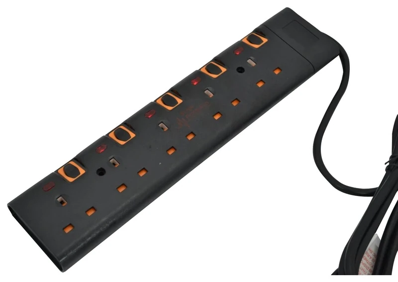 Shine SS_eXT_BK Black 2m 5 Way Gang Switched Surge Protected Extension Lead With LED Indicators