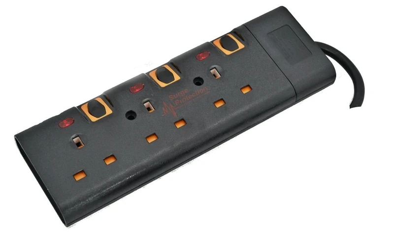 Shine SS_eXT_BK Black 2m Meter Metre 3 Way Gang Switched Surge Protected Extension Lead With LED Indicators