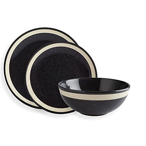 12 Piece Dinner Set, Fairmont & Main Elements Neo, Stoneware, Dark Grey with Unglazed Band, Dishwasher Microwave Oven Safe