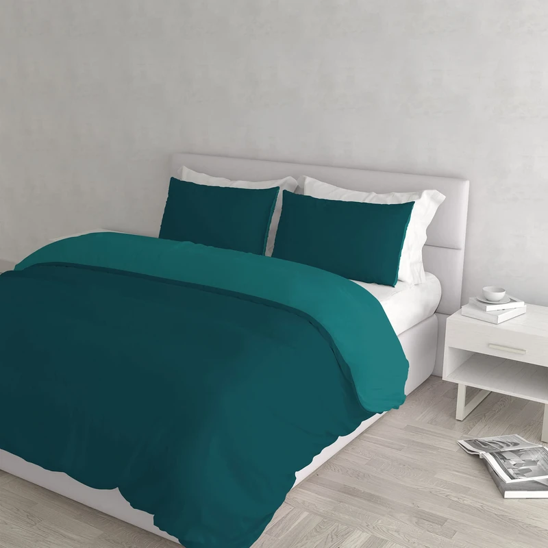 Italian Bed Linen Natural Color Duvet Cover Set with Doubleface Solid Colour Bag Sheet and Pillowcase, Petrol Bottle Green, double