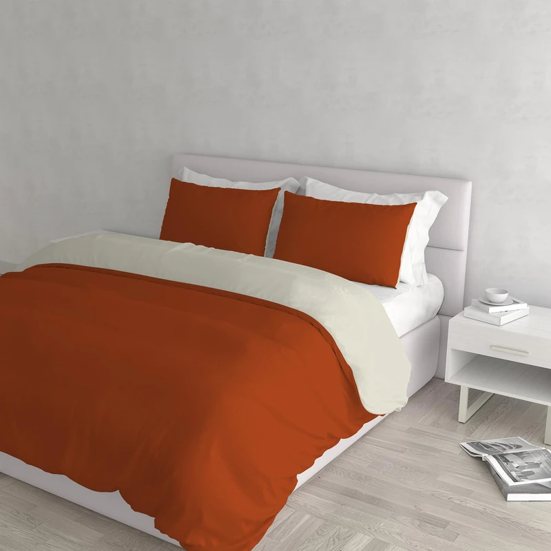 Italian Bed Linen Natural Color Duvet Cover Set with Doubleface Solid Colour Bag Sheet and Pillowcase, Earthy/Cream, double