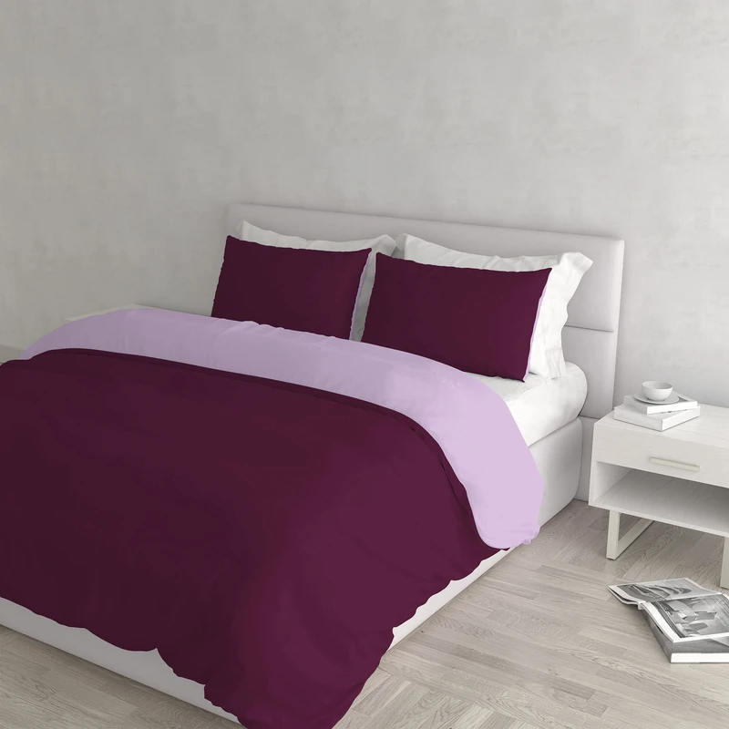 Italian Bed Linen Natural Color Duvet Cover Set with Doubleface Solid Colour Bag Sheet and Pillowcase, lillac/Plum, double