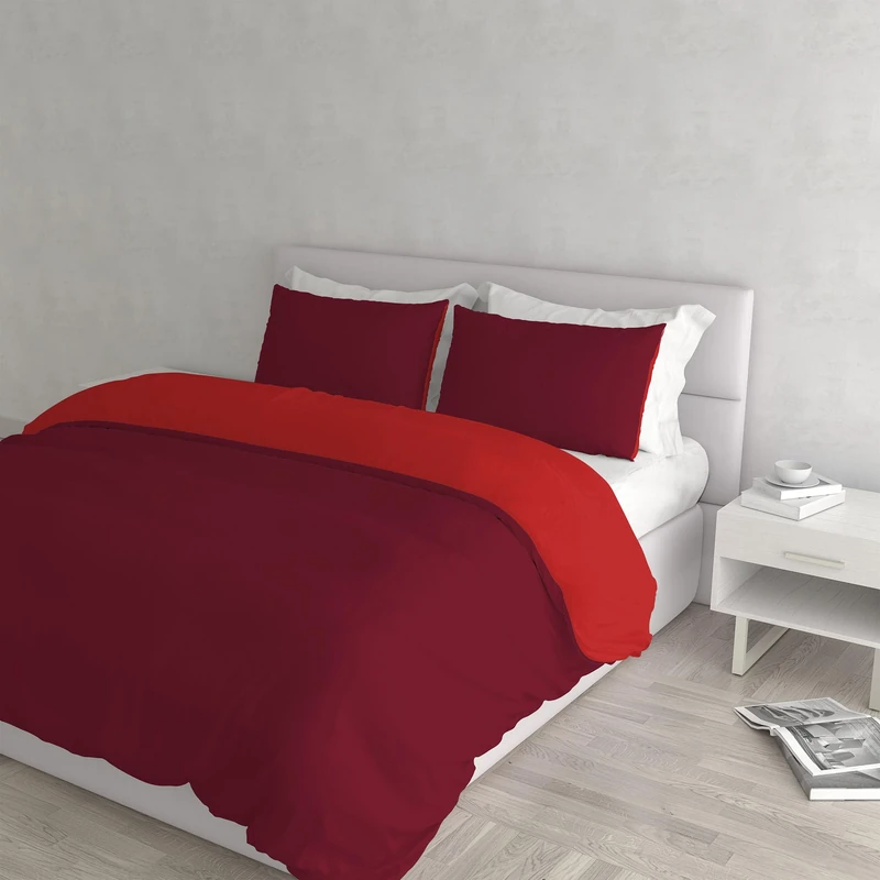Italian Bed Linen Natural Color Duvet Cover Set with Doubleface Solid Colour Bag Sheet and Pillowcase, red/Bordeaux, double
