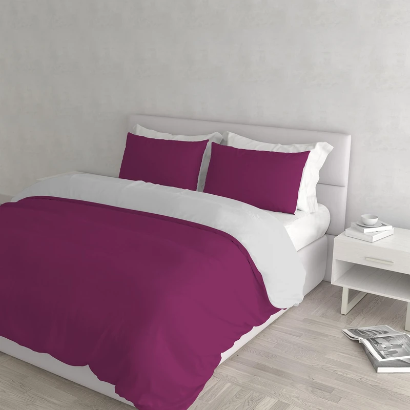 Italian Bed Linen Natural Color Duvet Cover Set with Doubleface Solid Colour Bag Sheet and Pillowcase, Fuchsia/Light Gray, double