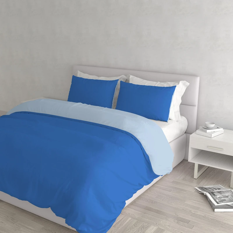 Italian Bed Linen Natural Color Duvet Cover Set with Doubleface Solid Colour Bag Sheet and Pillowcase, Royal/Light Blue, double