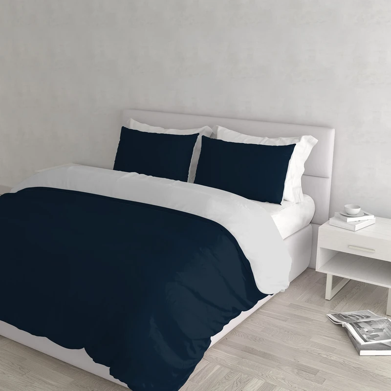 Italian Bed Linen Natural Color Duvet Cover Set with Doubleface Solid Colour Bag Sheet and Pillowcase, Dark Blue/Light Gray, double - Image 1