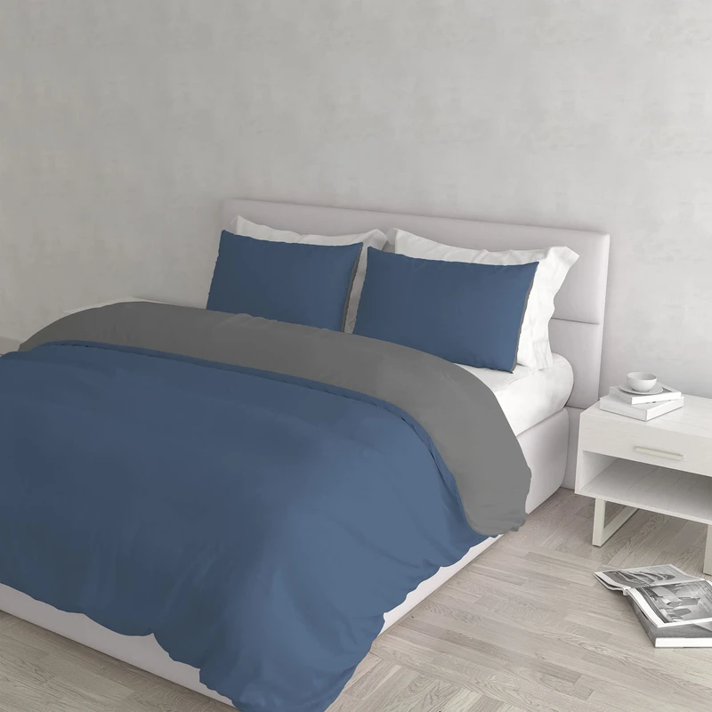 Italian Bed Linen Natural Color Duvet Cover Set with Doubleface Solid Colour Bag Sheet and Pillowcase, avio/Smoke, double