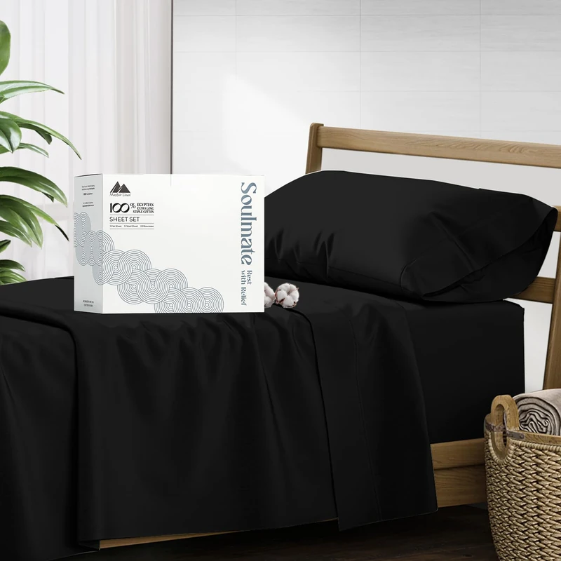 Mayfair Linen Hotel Collection Egyptian Cotton 500 Thread Count 4 Piece Sheet Set (1 Flat Sheet 1 Fitted Sheet And 2 Pillow Cases) TwinXL Black
