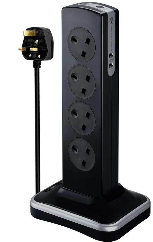 Masterplug Eight Socket Surge Protected Power Centre Extension Lead, 2 Metre, Black
