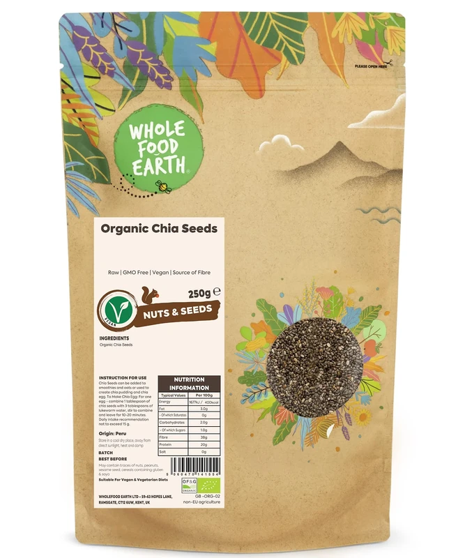 Wholefood Earth Organic Chia Seeds – 250g | Raw | GMO Free | Vegan | Source of Fibre | Certified Organic