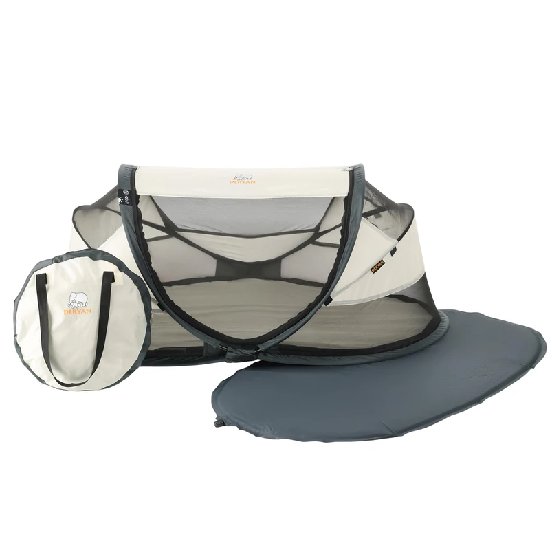 Deryan travel cot / travel cot Baby Luxe travel tent including sleeping mat, self-inflatable air mattress and carrying bag with pop-up built within 2 seconds, cream