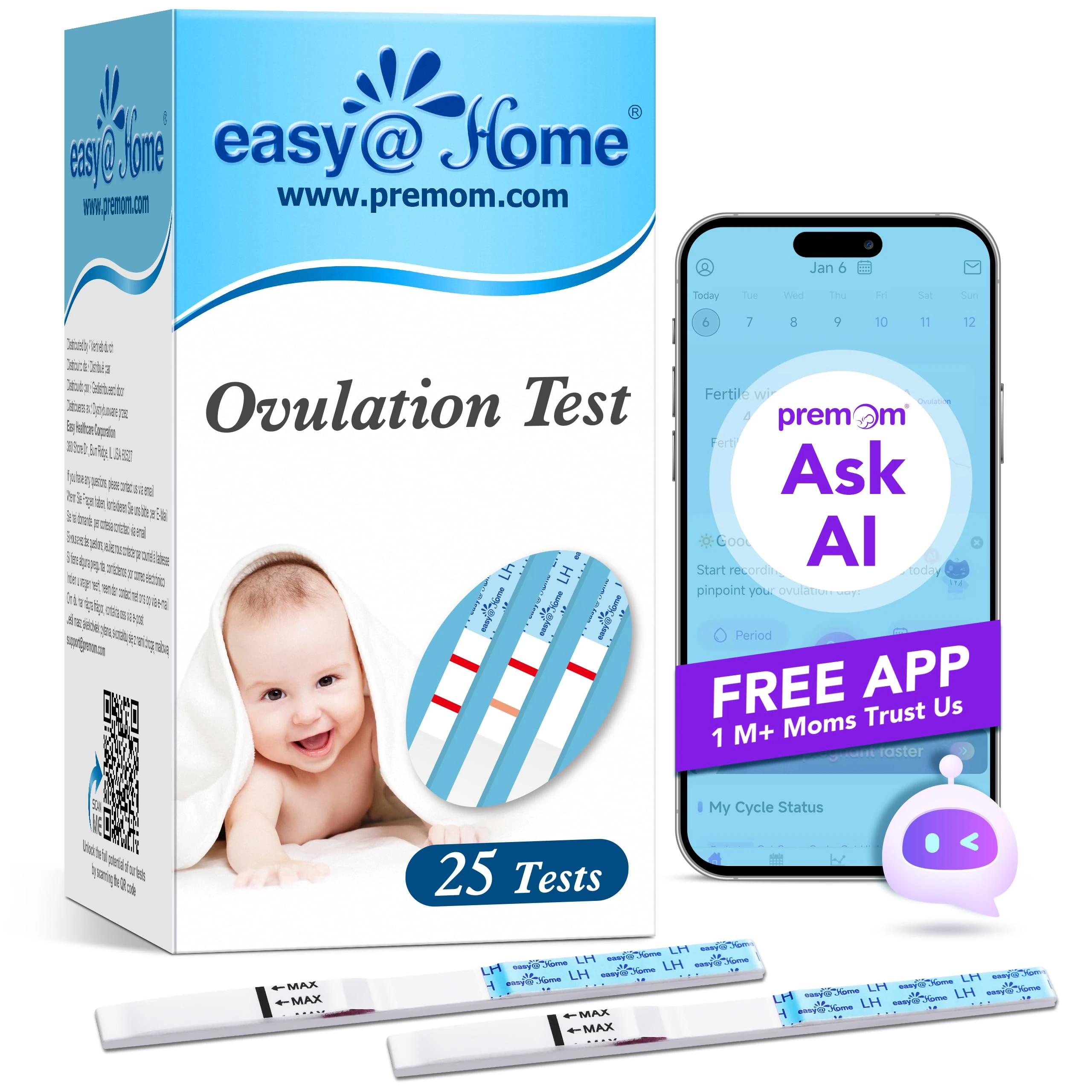 Easy@Home 25 x Ovulation Test Strips, Ovulation Predictor Kit, Powered by Premom Ovulation Predictor iOS and Android App, 25 LH Strips