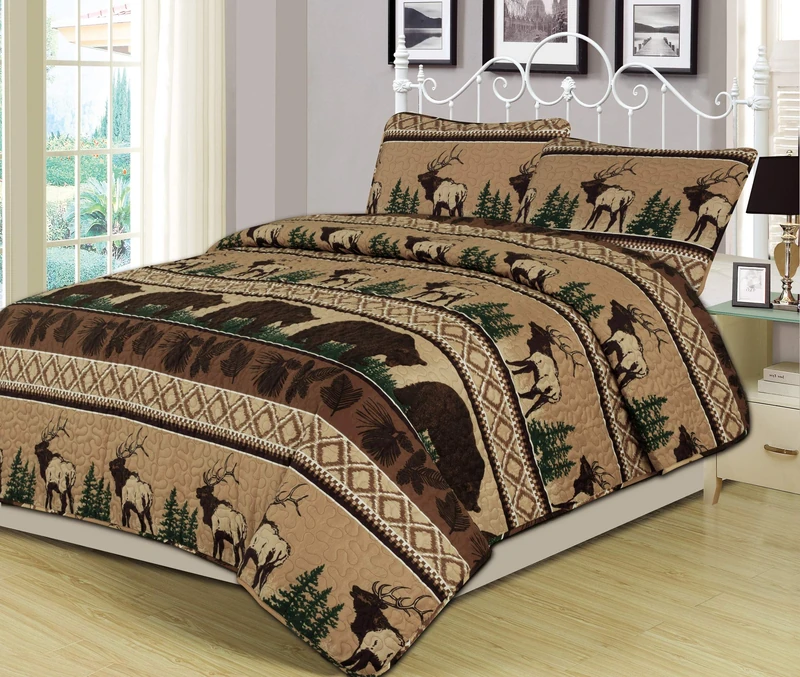 HowPlumb King Quilt Set 3 Piece Comforter Bear Elk Log Cabin Lodge Rustic