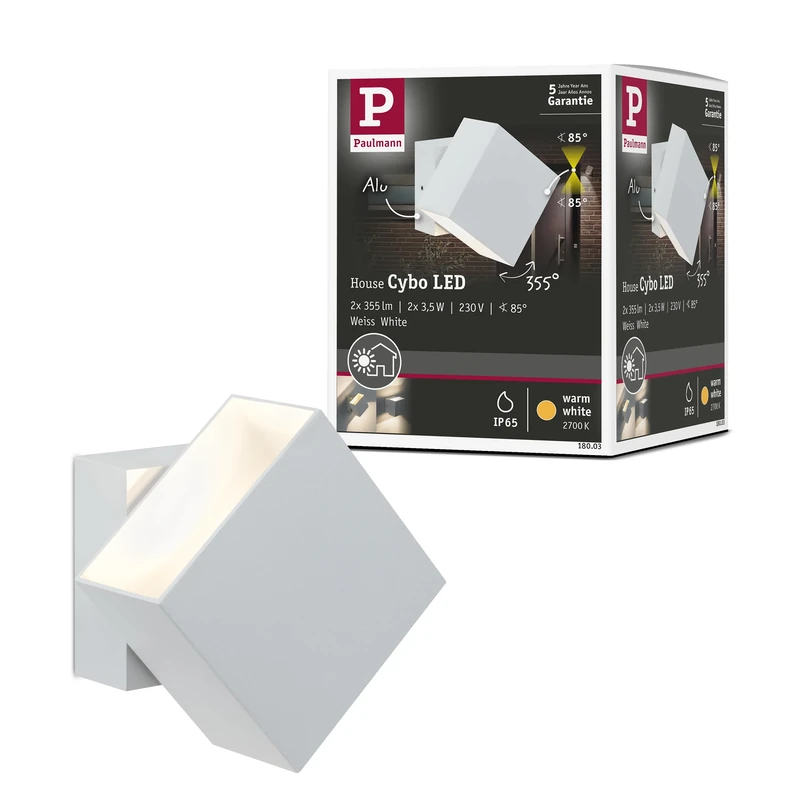 Paulmann 18003 Surface-Mounted Wall luminaire House Wall LED Orientation Light Cybo 2x3W White 100x100 mm IP65 Jet-Water Protected Lighting Accents - Image 1