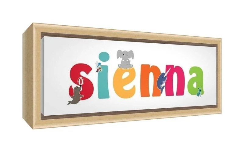 Feel Good Art Framed Box Canvas with Solid Natural Wooden Surround in Cute Illustrative Design Girl's Name (34 x 88 x 3 cm, Large, Sienna)