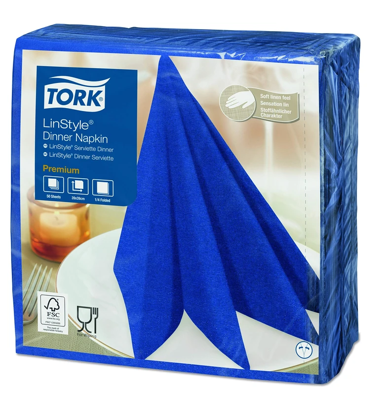 Tork 478856 Premium Linstyle Midnight Blue Dinner Napkin / 1 Ply Absorbent Unprinted Serviette in Dark Blue / 12 x 50 Sheets (WxL: 19.5cm x 19.5cm)