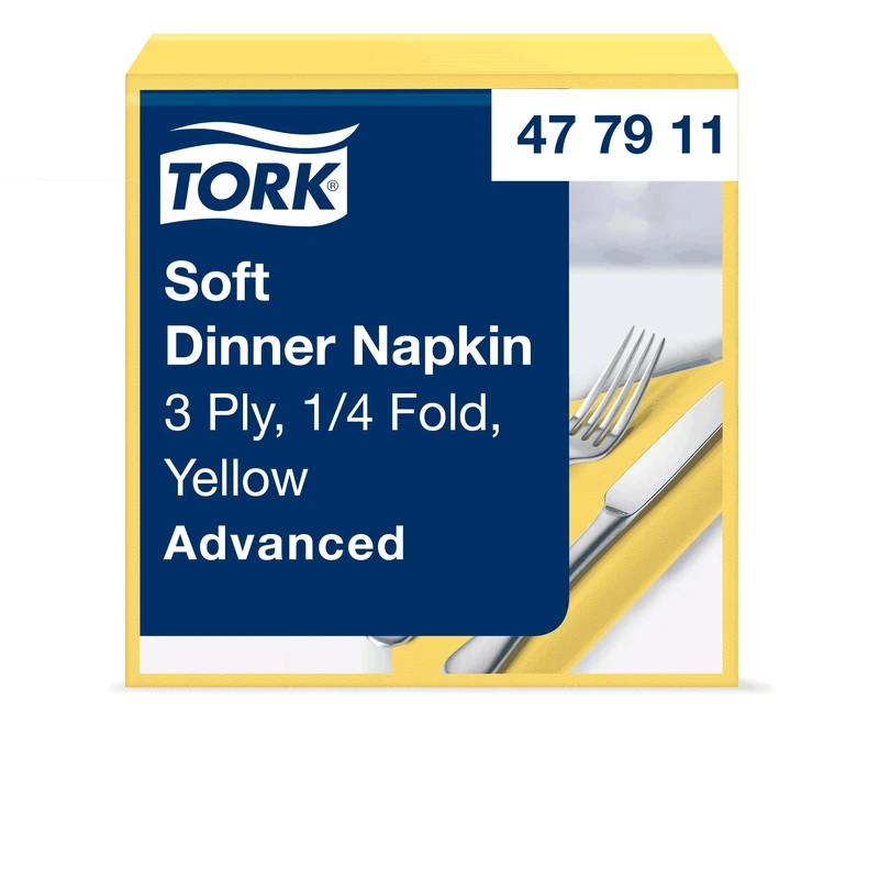 Tork 477911 Soft Yellow Dinner Napkin / 3 Ply Advanced, Unprinted Serviette in Bright Yellow / 12 x 100 Sheets (WxL: 19.5cm x 19.5cm)