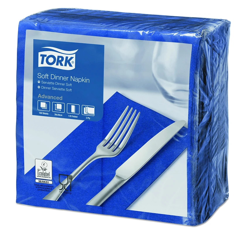 Tork 477619 Soft Dark Blue Dinner Napkin 1/8 Folded / 3 Ply Advanced, Absorbent Unprinted Serviette in Navy Blue / 12 x 100 Sheets (WxL: 9.8cm x 19.5cm)