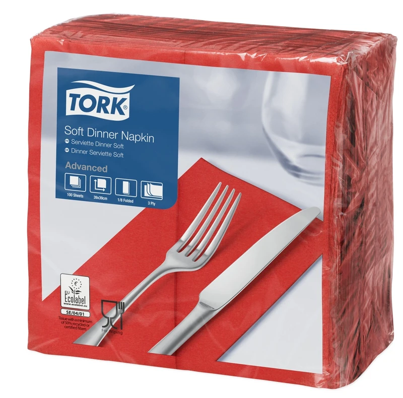 Tork 477620 Soft Red Dinner Napkin 1/8 Folded / 3 Ply Advanced, Absorbent Unprinted Serviette in Red / 12 x 100 Sheets (WxL: 9.8cm x 19.5cm)