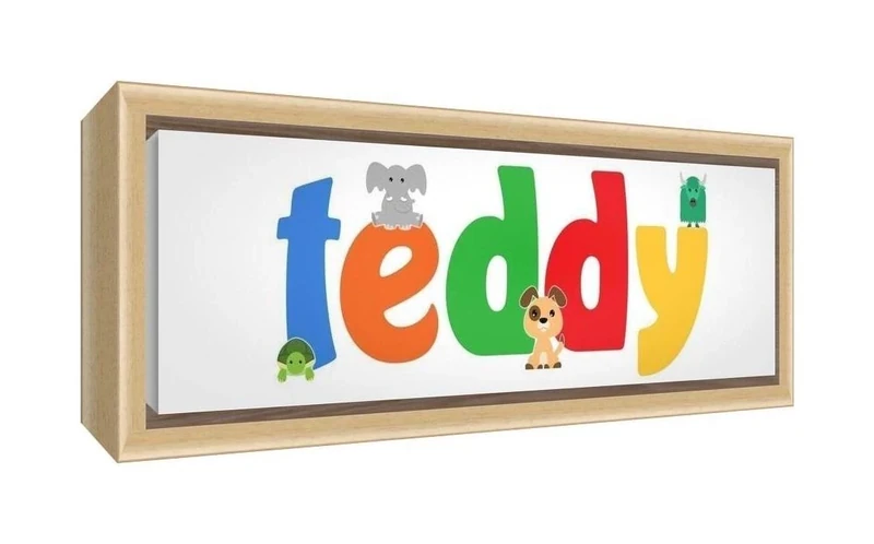 Feel Good Art Framed Box Canvas with Solid Natural Wooden Surround in Cute Illustrative Design Boy's Name (25 x 63 x 3 cm, Medium, Teddy)